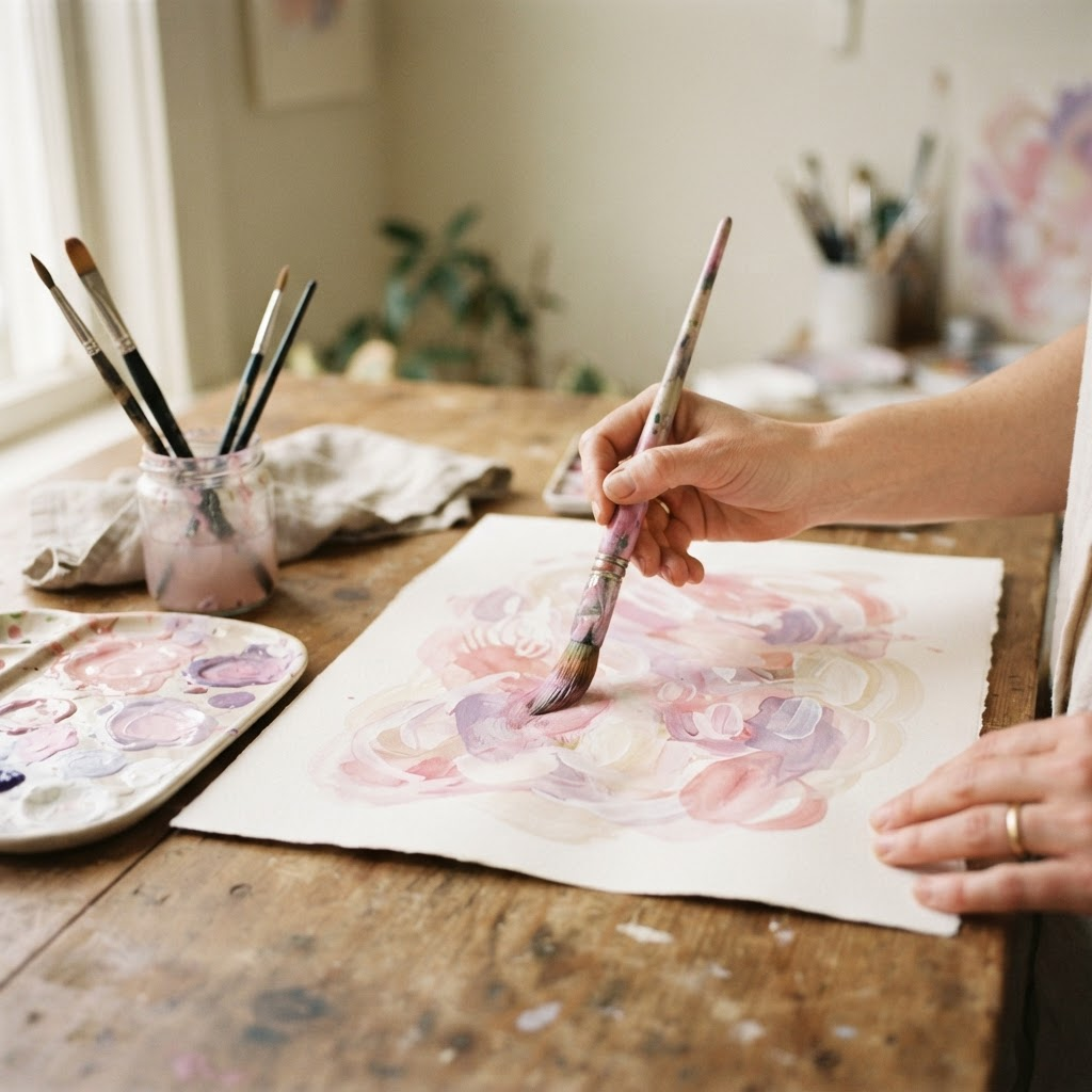 Hands painting a soft pink and lavender intuitive artwork