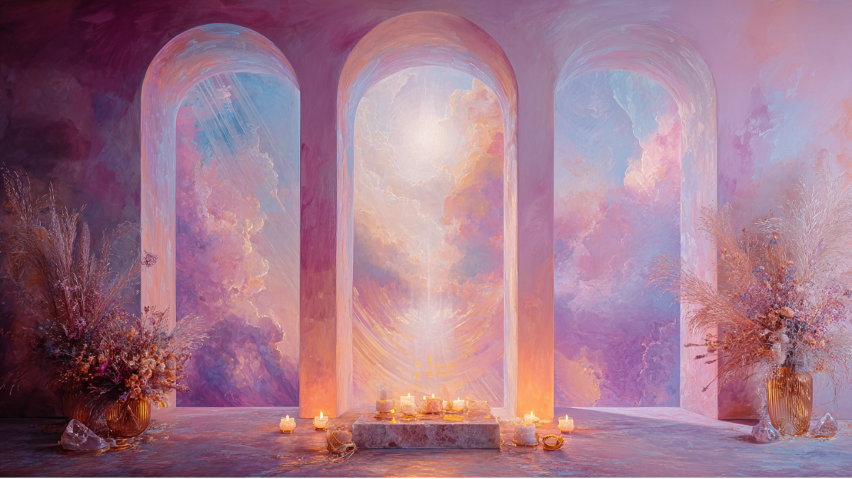 Three luminous painterly portals opening onto glowing skies, with a candle-lit altar